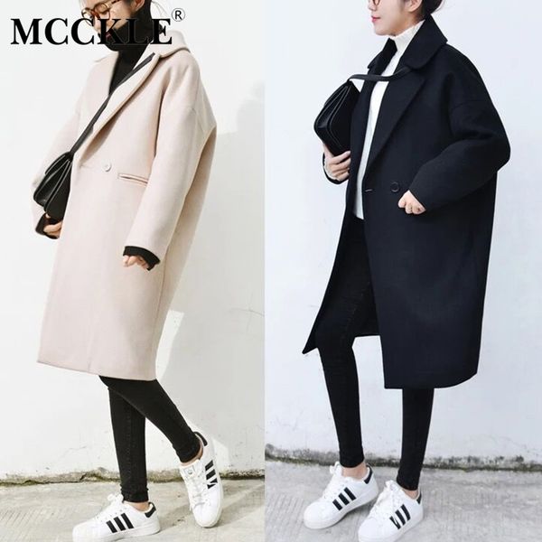 

mcckle women's turn down collar medium long blends 2018 autumn winter pocket thick loose overcoat fashion korean female coats, Black