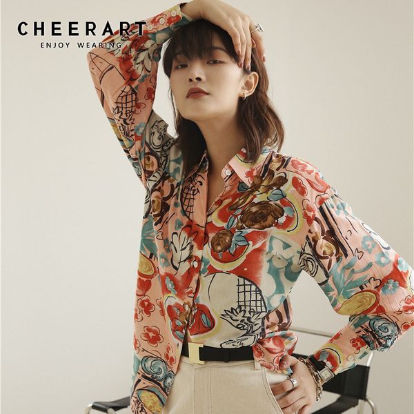 

cheerart matisse style floral blouse long sleeve shirt women pink designer shirts for women brand fall 2019 clothing, White