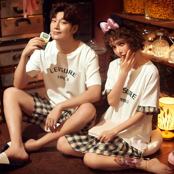 

women's pajamas plaid shorts dormir couple pajamas summer cotton short-sleeved men's and women's home service 2 sets, Blue;gray