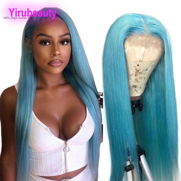 

peruvian human hair 13x4 lace front wig straight light blue yellow red 150% density silky straight 12-32inch 13 by 4 wigs grey, Black;brown