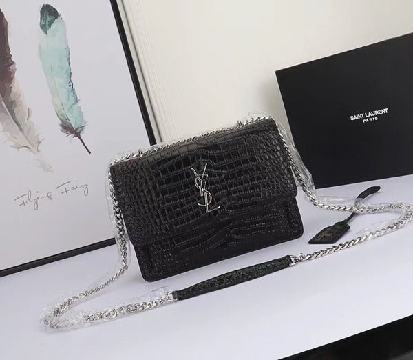 

Saint Crocodile Pattern Original Cowhide Silver chain Genuine Leather Designer Handbags high quality Luxury Women Shoulder Bags 1711