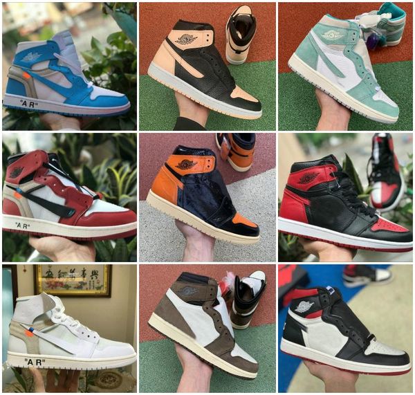 

2020 new high 1 og mid x travis scotts basketball shoes turbo green origin story gs banned nrg x union retroes 1s unc white blue low 03, Black