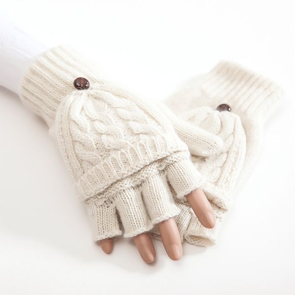

women hand warmer gloves thicken flip artificial wool autumn winter knitted gift soft mittens half finger thermal 1 pair, Blue;gray
