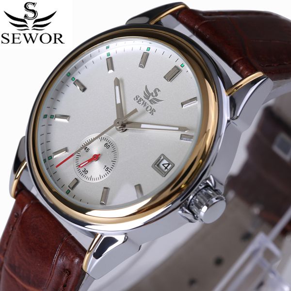 

sewor brand fashion design 4 hands luxury men watches leather strap stainless steel bezel automatic mechanical watch, Slivery;brown