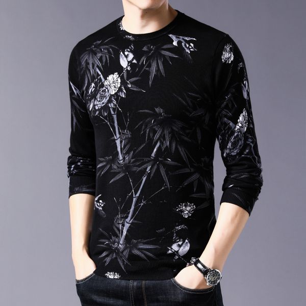 

black white printed sweater mens round neck pullover slim fit pull homme mens -3xl, White;black