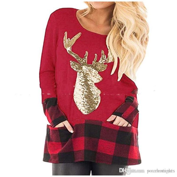 

счастливого рождества женские дизайнерские футболки мода блестки олень плед панелями печати женские тройники плюс размер платформы женская о, White