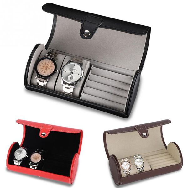 

portable travel watch case roll 2 slot wristwatch box storage travel pouch ring earrings wrist watch jewelry storage gift box, Black;blue