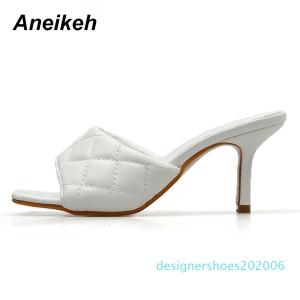 

aneikeh fashion pu pattern pu square head peep toe 8cm high heel slippers summer fashion slip on thin heels slides women mules d06, Black