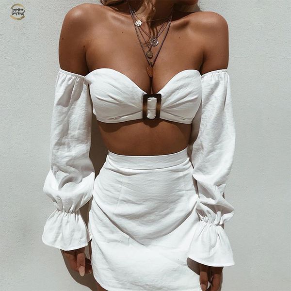 

red white two pieces set women solid slash neck crop package hip skirt women clothing 2019 women fashion beach sets