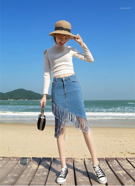 

hips skirts females fashion ol irregular skirt womens tassel denim fishtail skirt summer designer high waist a line pack, Black