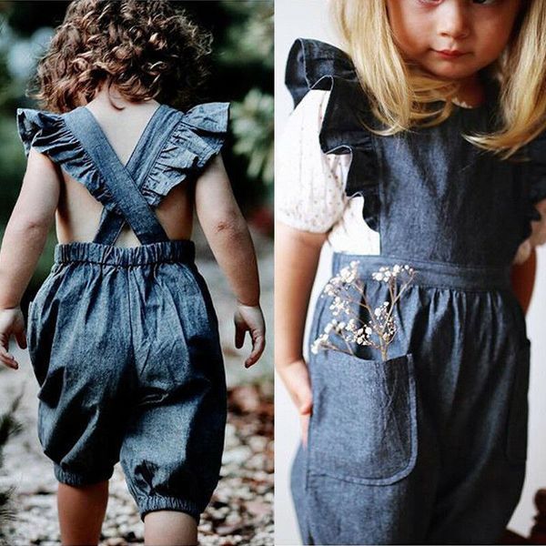 

ruffle kids baby boy girl denim playsuit romper jeans leggings jumpsuit outfits, Blue
