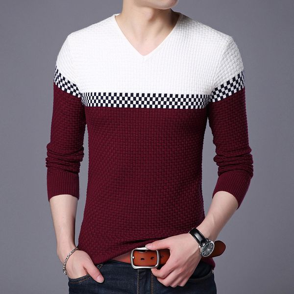 

new autumn winter warm wool sweaters casual hit color patchwork v-neck pullover men brand slim fit cotton sweater, White;black