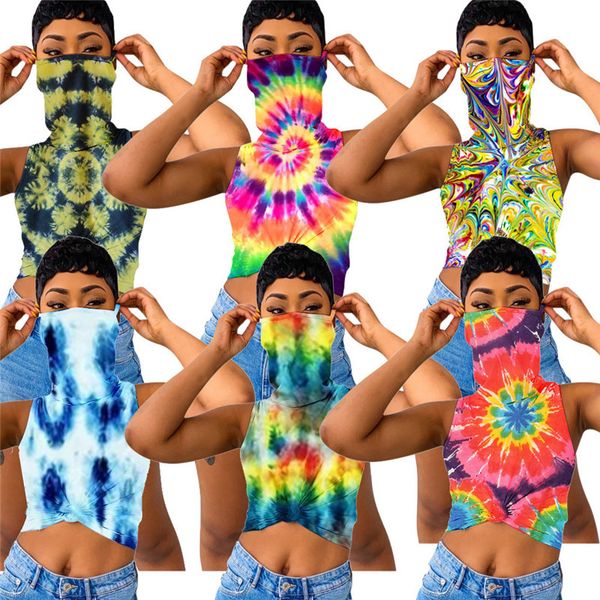 

plus size women t shirt design tie-dye floral printed vest sleeveless t-shirt with face mask crop fashion lady clothes s-3xl d6905, White