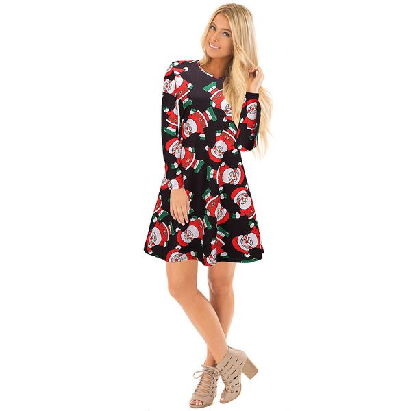 

2019 europe and america cross border fall popular women's christmas dress print skirt leisure long sleeve dress, Black;gray