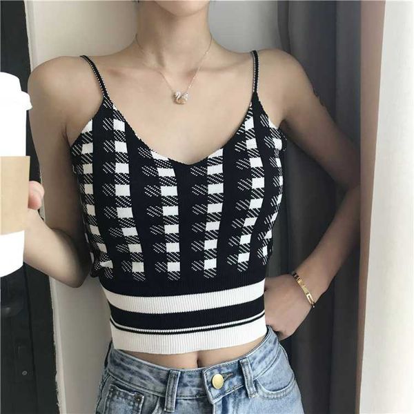 

summer knit women plaid cropped camisole female v-neck knitted tanks crop sleeveless basic t shirts, White