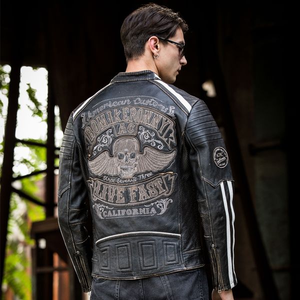 

2019 vintage black men skull embroidery motorcycle leather jacket plus size xxxxl real cowhide slim fit biker coat ing