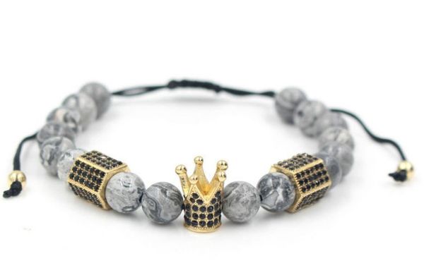 

8mm ch35 gold silver copper crown agate onyx micro pave cz zircon cubic zirconia bracelet charm braided yoga reiki chakra, Black
