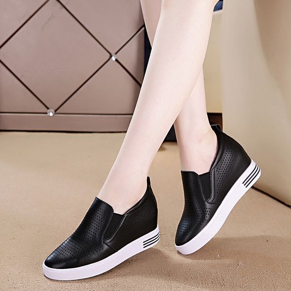 

sandals women's 2019 autumn new style slanted heel leather shoes hollow out punched sheet elevator low-cut shoes white, Black