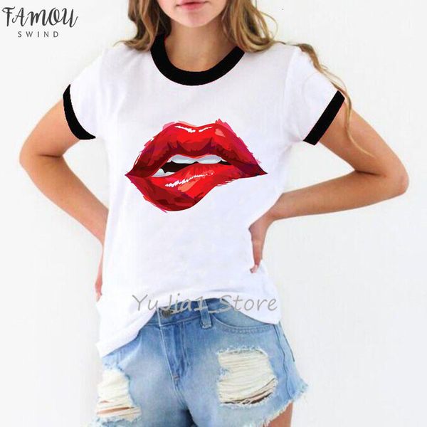 

новое поступление 2020 красные губы футболка tops camiseta mujer vogue tshirt femme корейский стиль одежды негабаритная рубашка белая женска, White