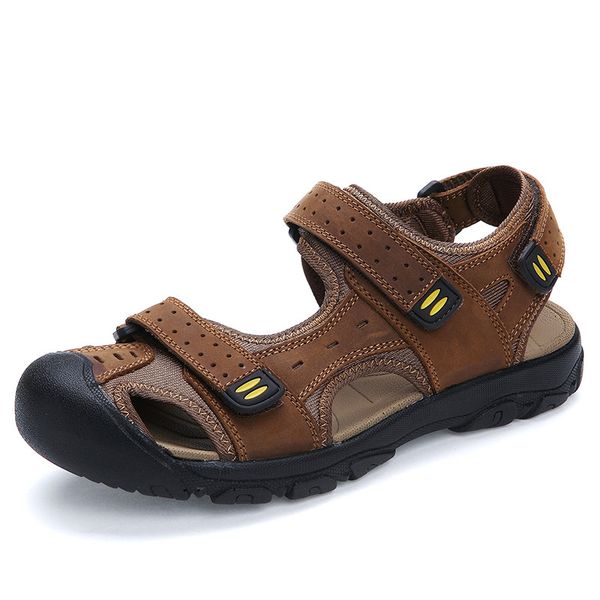 

classic men genuine leather sandals casual loafers big size 38-48 quality fashion man summer beach shoes brown khaki, Black