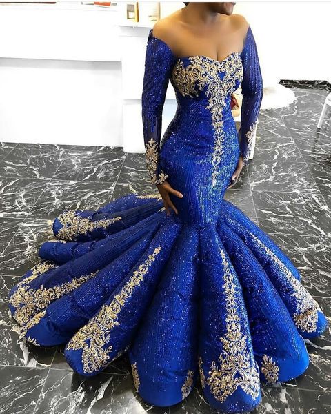 

2019 royal blue пром платье нового off плеча кружево блестка бисер искорка вечерних платья русалка ruffles black girls платье мантий де soir