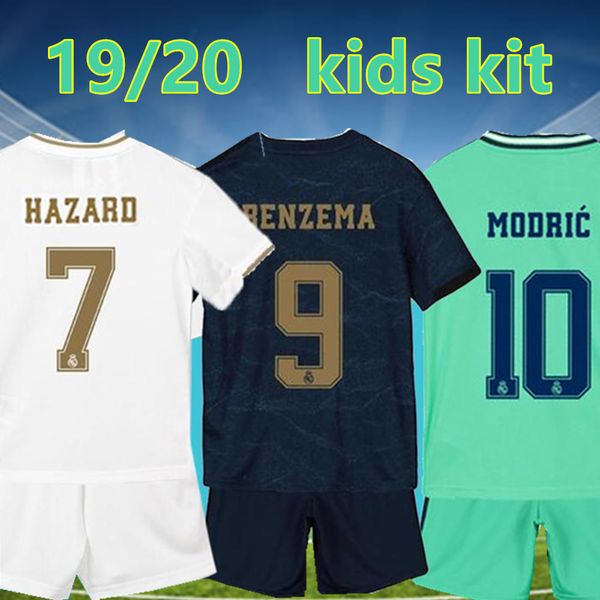 

2020 kids kit real madrid soccer jerseys #7 hazard #9 benzema 19/20 boy soccer shirts child set customized football uniforms +pants, Black
