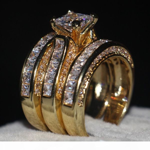 

handmade jewelry 3-in-1 engagement ring 5a zircon cz yellow gold 925 sterling silver wedding band ring set for women men, Slivery;golden