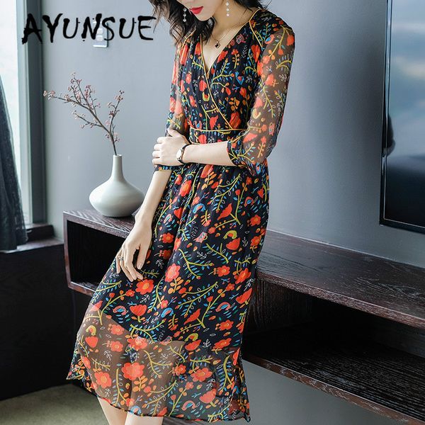 

real silk dress women summer dress korean vintage print beach elegant party dresses woman vestidos mujer 72294 yy2740, Black;gray