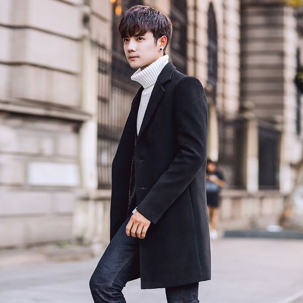 

2019 new autumn and winter men's woolen coat long jacket youth korean self-cultivation woolen windbreaker handsome coat, Black