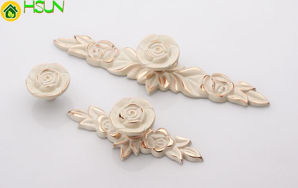 2019 Rose Drawer Knobs Lvory White Gold Flower Drawer Pull Handle