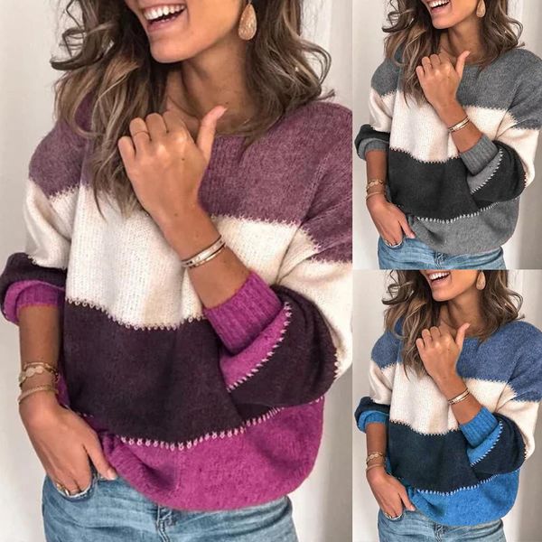 

fashion women striped sweater autumn winter o neck long sleeve loose sweater, White;black