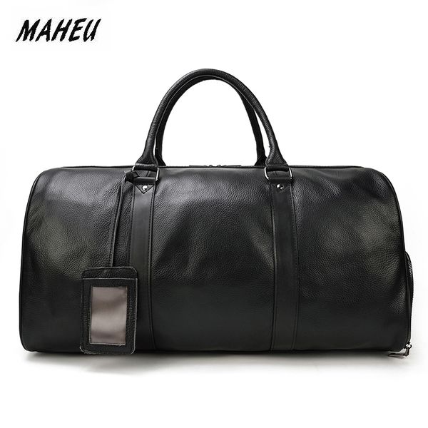 

maheu shoulder travel bag leather duffle with flight baggage tag hand travelling bags black brown huge capacity travel package