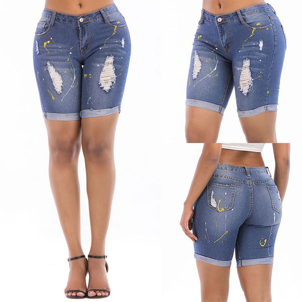 

women elastic destroyed hole short pants denim bandage knee length jeans, Blue