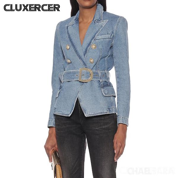 

2020 autumn denim jacket for women double breasted jean coat women casual long sleeve with belt denim suit, Black;white