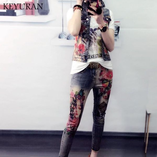 

new printed flowers print elastic jeans jacket pants suit lady elastic painting trends women denim vest coat + jeans 2 piece set1, White