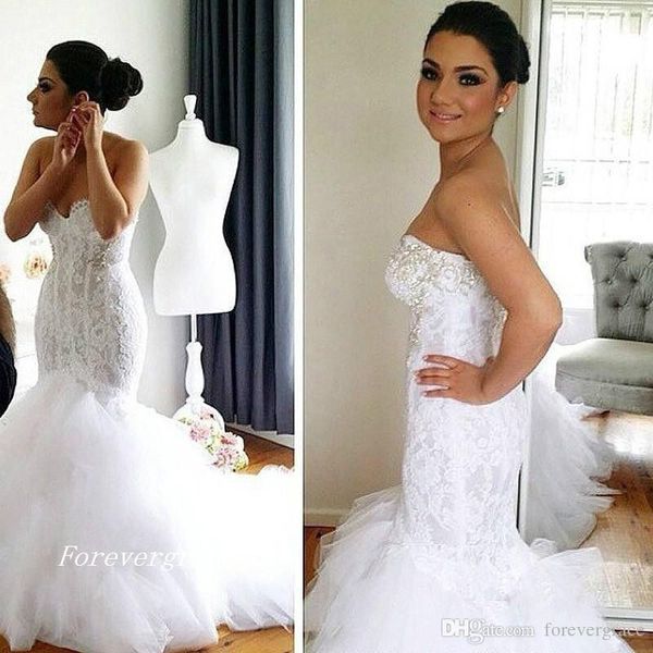 

2019 luxury long lace mermaid wedding dress romantic sweetheart tulle bridal gown plus size custom made, White