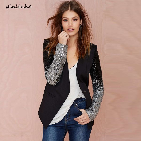 

yinlinhe silver black sequins suit coat women autumn elegant ladies formal jackets women single button plus size coat 763, Black;brown