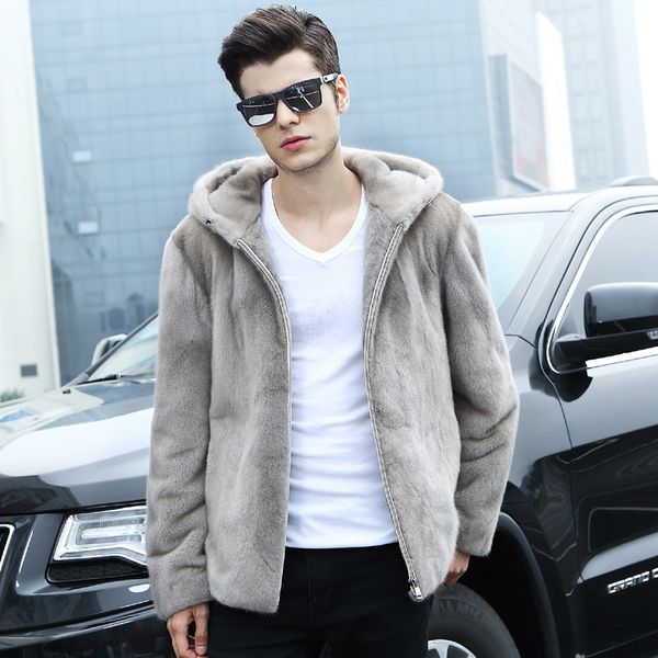 

2019 winter stand collar long sleeve mink coat zipper pure grey real fur warm cool man with hat handsome mink coats, Black