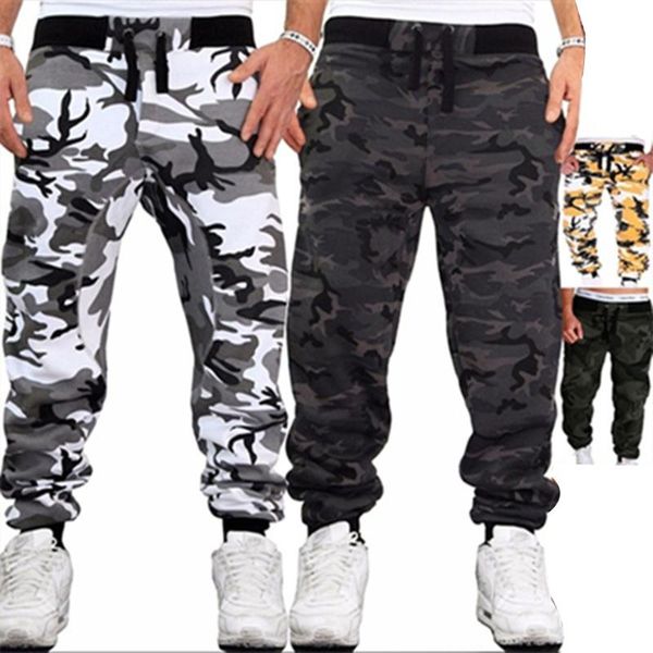 

men's pants men camouflage print sweatpants drawstring elastic waist fitness hip hop leisure slim trousers casual sports cargo, Black
