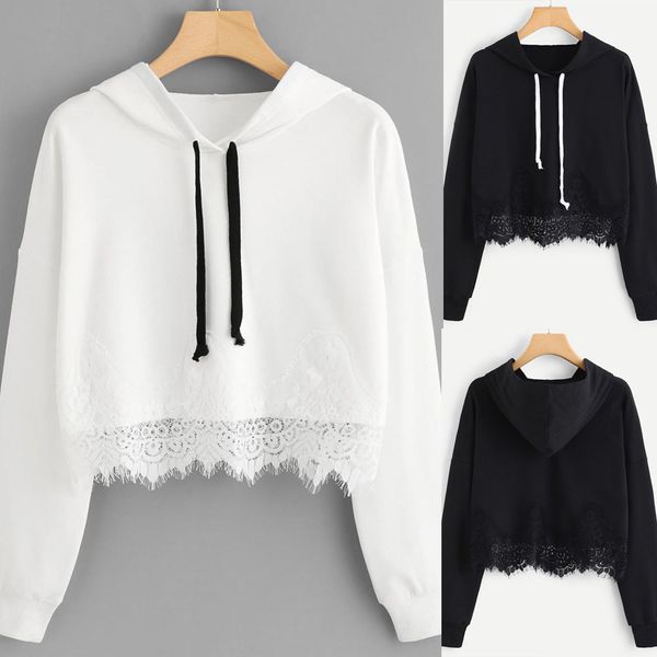 

women lace long sleeve hooded solid color clothes for women sweatshirt pullover casual shirt ropa mujer#30, White
