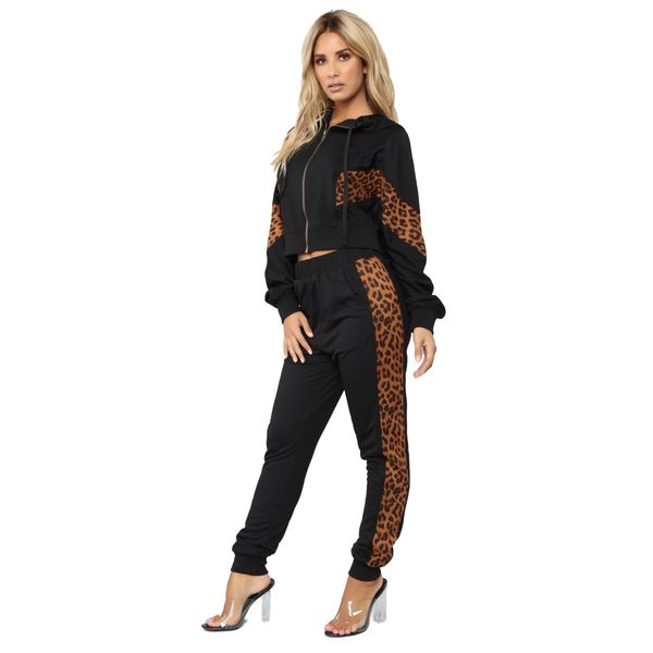 

womens fashion tracksuits womens casual leopard printed panelled zipper + pants women casual two piece pants, White