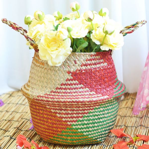

wicker braided round basket with handle storage flowerpot foldable plant hanger diy home decoration laundry