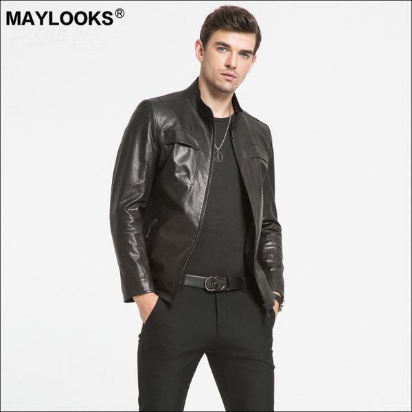

maylooks 2019 autumn and winter sheepskin thin leather jacket with vertical collar zipper retro locomotive jacket ws113, Black