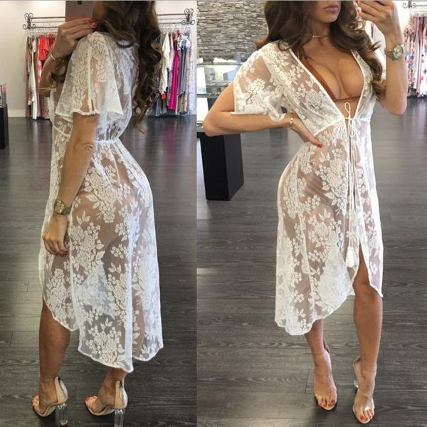 

women casual cardigan see through lace spring, summer, autumn floral casual, swim drawstring beach cover up, Blue;gray