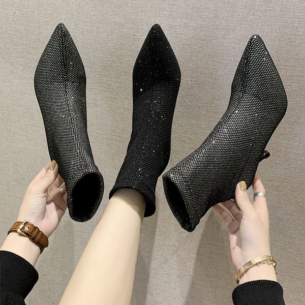 

bling bling white ankle boots booties woman 2019 high heels women's rubber shoes rain luxury designer lace up low stiletto, Black
