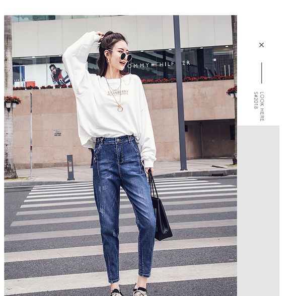 

dark blue in the spring of the new show thin turnip nine points xuan harlan bound feet tall waist web celebritytorre pants