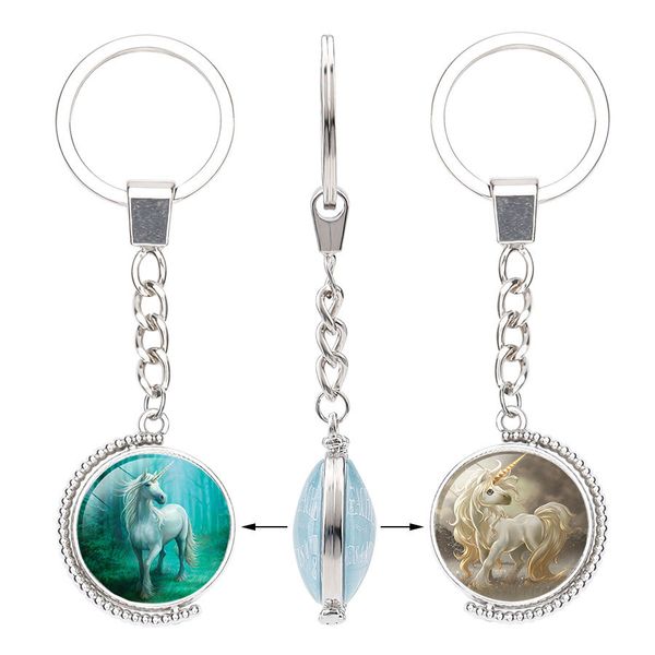 

Fashion unicorn Double sided Rotable Key chains Glass Cabochon Time Gemstone Keychains metal Key Rings Jewelry accessories Gift Bulk