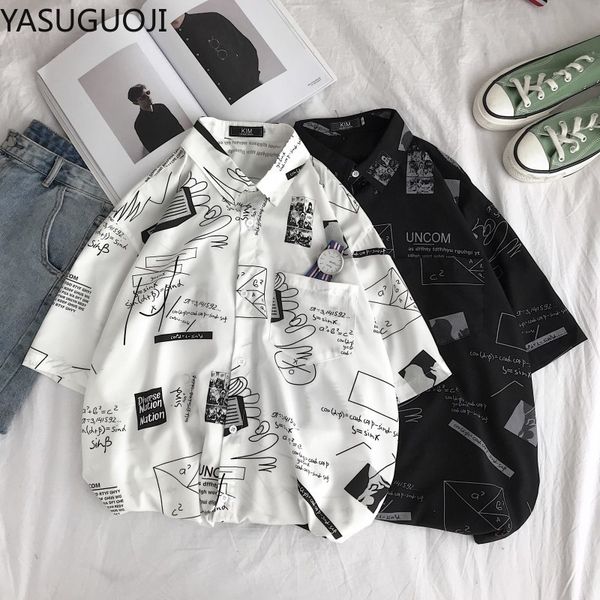 

men's casual shirts yasuguoji fashion summer men graffiti print turn-down collar loose short sleeve shirt blouse 2021 arrivals, White;black