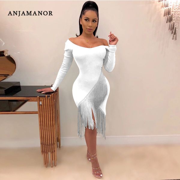 

anjamanor sexy v образным вырезом с длинным рукавом платье кисточкой подол плюс размер осень зима платья элегантный вечерняя вечеринка клубн, Black;pink