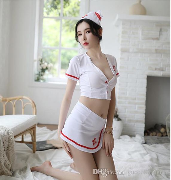 

women pure color nurse uniform ladies v neck 2pc set fashion designer summer lace female underwear with split, Black;white